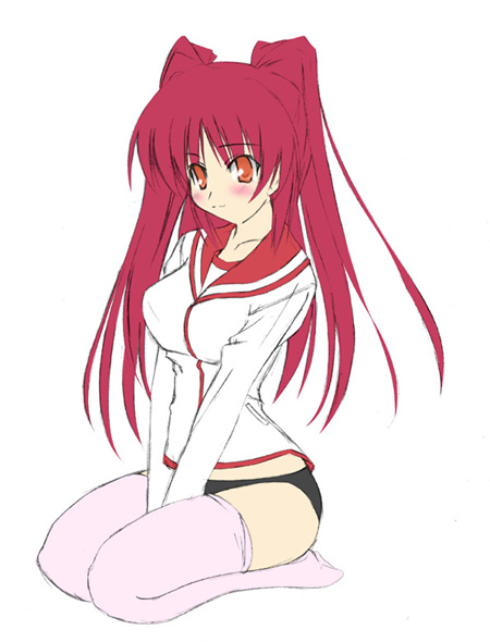 kousaka tamaki, to heart (series), to heart 2, 00s, 1girl, between legs, blush, buruma, female focus, full body, hand between legs, long hair, long sleeves, looking at viewer, orange eyes, pink thighhighs, red hair, sailor collar, school uniform, solo, thighhighs, twintails, very long hair