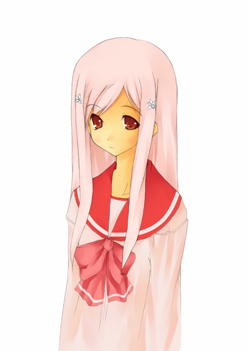 lucy maria misora, to heart (series), to heart 2, 00s, hair ornament, hairpin, long hair, pink eyes, pink hair, school uniform, serafuku, solo