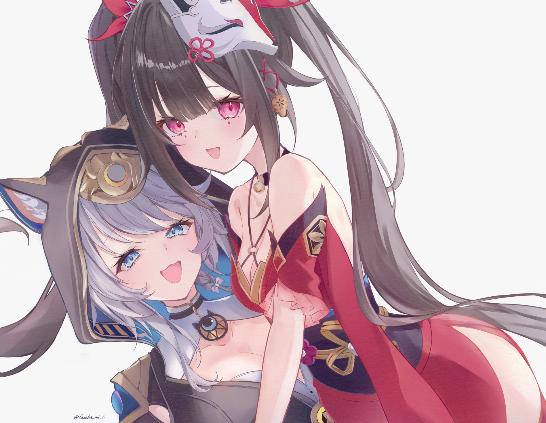 fusaba mi, cipher (honkai: star rail), sparkle (honkai: star rail), honkai: star rail, honkai (series), highres, 2girls, animal ears, bare shoulders, blue eyes, blush, breasts, brown hair, cat ears, cat girl, cleavage, collarbone, fox mask, grey hair, hood, hood up, japanese clothes, kimono, long hair, looking at viewer, mask, mask on head, medium breasts, medium hair, mole, mole under eye, multiple girls, open mouth, pink hair, red kimono, shirt, simple background, small breasts, smile, twintails, very long hair, white background, white shirt