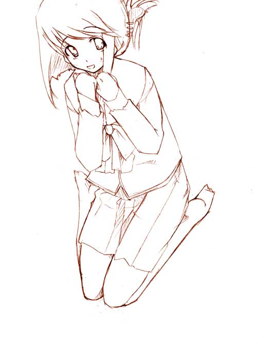 komaki manaka, to heart (series), to heart 2, 00s, 1girl, female focus, folded ponytail, kneeling, monochrome, outline, solo