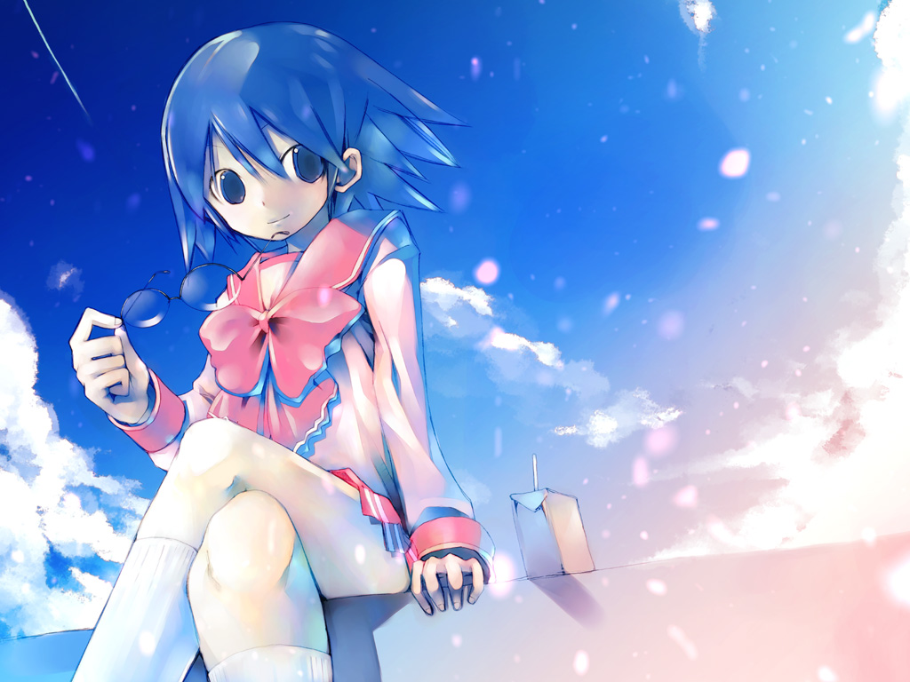 kei (keigarou), tonami yuma, to heart (series), to heart 2, 00s, 1girl, blue eyes, blue hair, cloud, day, female focus, glasses, holding, holding removed eyewear, juice box, long sleeves, school uniform, serafuku, short hair, sitting, sky, smile, socks, solo, unworn eyewear