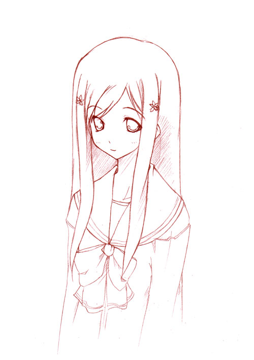 lucy maria misora, to heart (series), to heart 2, 00s, 1girl, female focus, monochrome, outline, school uniform, serafuku, simple background, solo, white background