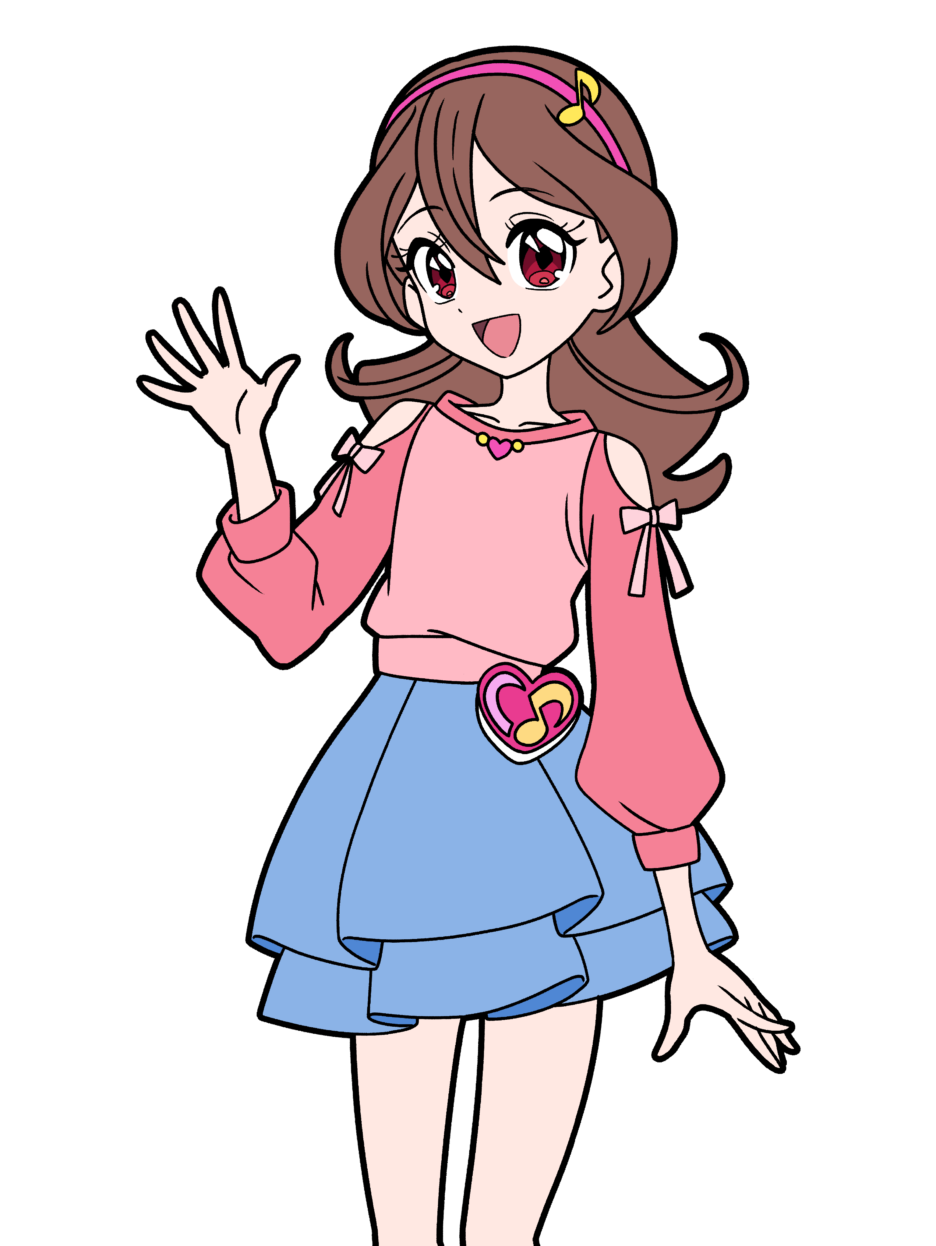 masami 01st, sakura uta (precure), kimi to idol precure, precure, absurdres, commentary, highres, 1girl, :d, bare legs, bare shoulders, blue skirt, brooch, brown hair, clothing cutout, collarbone, cowboy shot, dot nose, double-parted bangs, eighth note, fortissimo, hair between eyes, hair ornament, hairband, hand up, heart, heart brooch, heart brooch holder, idol heart brooch, jewelry, long hair, long sleeves, looking at viewer, musical note, musical note hair ornament, open mouth, pink hairband, pink shirt, red eyes, shirt, shoulder cutout, simple background, skirt, smile, solo, waving, white background