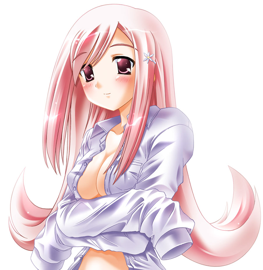 otoki raku, lucy maria misora, to heart (series), to heart 2, 00s, 1girl, blush, breasts, cleavage, female focus, large breasts, long hair, open clothes, open shirt, pink hair, red eyes, shirt, solo