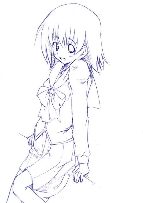 tonami yuma, to heart (series), to heart 2, 00s, 1girl, bad anatomy, bow, female focus, leaning, lineart, monochrome, pleated skirt, poorly drawn, school uniform, serafuku, short hair, skirt, solo