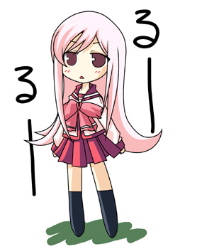 lucy maria misora, to heart (series), to heart 2, lowres, 00s, 1girl, brown hair, chibi, chibi only, female focus, full body, long hair, open mouth, pink hair, pleated skirt, red skirt, sailor collar, school uniform, shirt, simple background, skirt, solo, standing, triangle mouth, very long hair, white background, white shirt