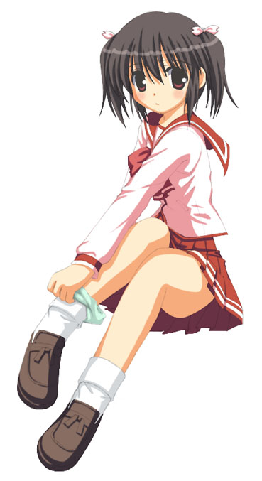 yuzuhara konomi, to heart (series), to heart 2, 00s, blush, bow, brown eyes, brown hair, green panties, hair ribbon, miniskirt, panties, panty pull, pleated skirt, ribbon, school uniform, serafuku, shoes, short twintails, simple background, sitting, skirt, socks, solo, twintails, underwear, undressing, white background, white socks