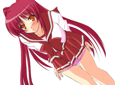 kousaka tamaki, to heart (series), to heart 2, lowres, 00s, blush, bow, brown eyes, dutch angle, leaning forward, long hair, miniskirt, panties, panty pull, pleated skirt, purple panties, red hair, school uniform, serafuku, skirt, solo, standing, thigh gap, thighs, underwear, undressing