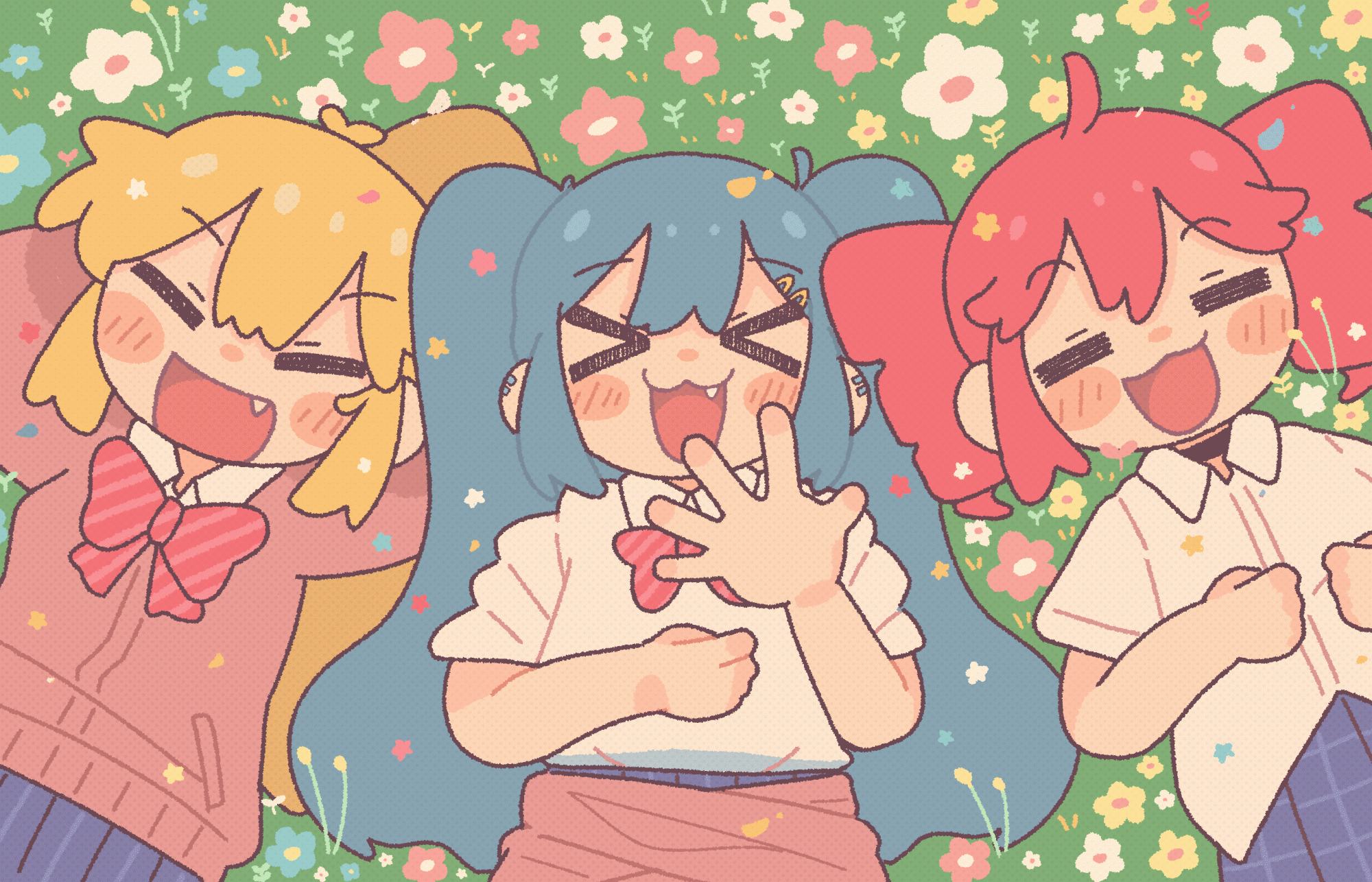 hishimatope, akita neru, hatsune miku, kasane teto, triple baka (vocaloid), utau, vocaloid, zako (vocaloid), animated, animated gif, highres, looping animation, > <, 3girls, antenna hair, aqua hair, black choker, blonde hair, blue skirt, blush, bow, brown cardigan, cardigan, checkered clothes, checkered skirt, choker, closed eyes, collared shirt, drill hair, ear piercing, falling petals, fang, flower, hair between eyes, hair ornament, hairclip, long hair, lying, multiple girls, on back, on grass, open mouth, petals, piercing, pleated skirt, red bow, red hair, shirt, shirt tucked in, side ponytail, skirt, smile, striped bow, triple ryuunen, twin drills, twintails, very long hair, white shirt