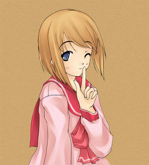 nakamura kusata, komaki manaka, to heart (series), to heart 2, 00s, 1girl, :3, brown background, female focus, one eye closed, simple background, solo, wink