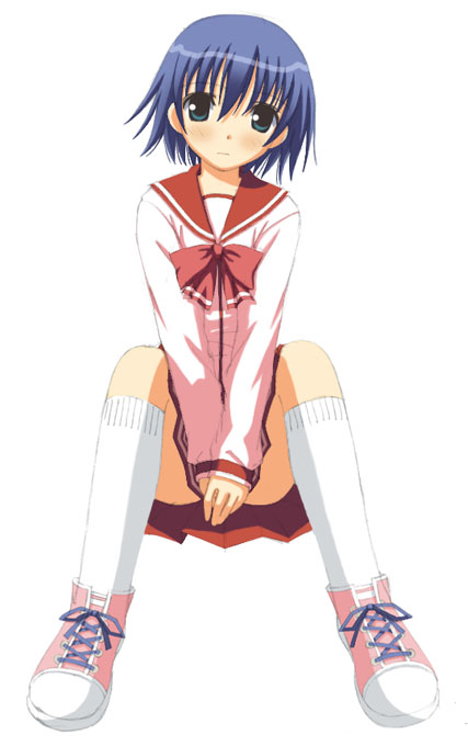 tonami yuma, to heart (series), to heart 2, 00s, 1girl, blue eyes, blue hair, blush, bow, covering privates, embarrassed, female focus, kneehighs, matching hair/eyes, pleated skirt, school uniform, serafuku, shoes, short hair, simple background, sitting, skirt, sneakers, socks, solo, white background