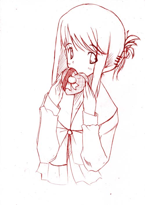 komaki manaka, to heart (series), to heart 2, 00s, 1girl, candy, chocolate, chocolate heart, female focus, folded ponytail, food, heart, monochrome, red theme, solo, valentine