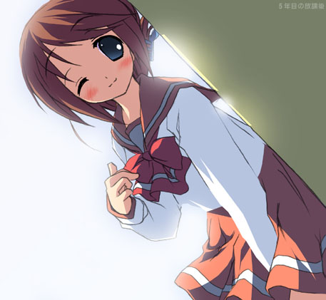 kantoku, komaki manaka, to heart (series), to heart 2, lowres, 00s, 1girl, ;), against wall, blue eyes, brown hair, dutch angle, female focus, folded ponytail, long sleeves, looking at viewer, one eye closed, red skirt, sailor collar, school uniform, shirt, skirt, smile, solo, white shirt, wind