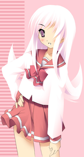 kantoku, lucy maria misora, to heart (series), to heart 2, 00s, cowboy shot, hair over one eye, hand on own hip, long hair, pink background, pink hair, pink theme, school uniform, serafuku, solo