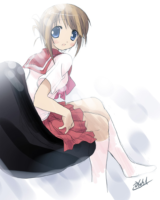 kantoku, komaki manaka, to heart (series), to heart 2, 00s, 1girl, blue eyes, blush, female focus, school uniform, serafuku, sitting, socks, solo
