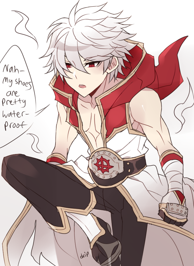 champion (ragnarok online), ragnarok online, commentary, english commentary, 1boy, astrarunia, belt, bio lab, black gloves, black pants, black shoes, championship belt, chen lio, coat, english text, foot up, gloves, gold trim, hair between eyes, hood, hooded coat, looking down, male focus, multicolored coat, open mouth, pants, red coat, shoes, short hair, simple background, sleeveless, sleeveless coat, solo, standing, standing on one leg, toned, toned male, two-tone coat, two-tone gloves, white background, white coat, white gloves