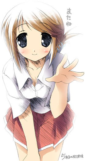 kantoku, komaki manaka, to heart (series), to heart 2, 00s, 1girl, bent over, blue eyes, blush, breasts, brown hair, cleavage, collarbone, collared shirt, female focus, folded ponytail, school uniform, serafuku, shirt, short hair, short sleeves, smile, solo, white shirt