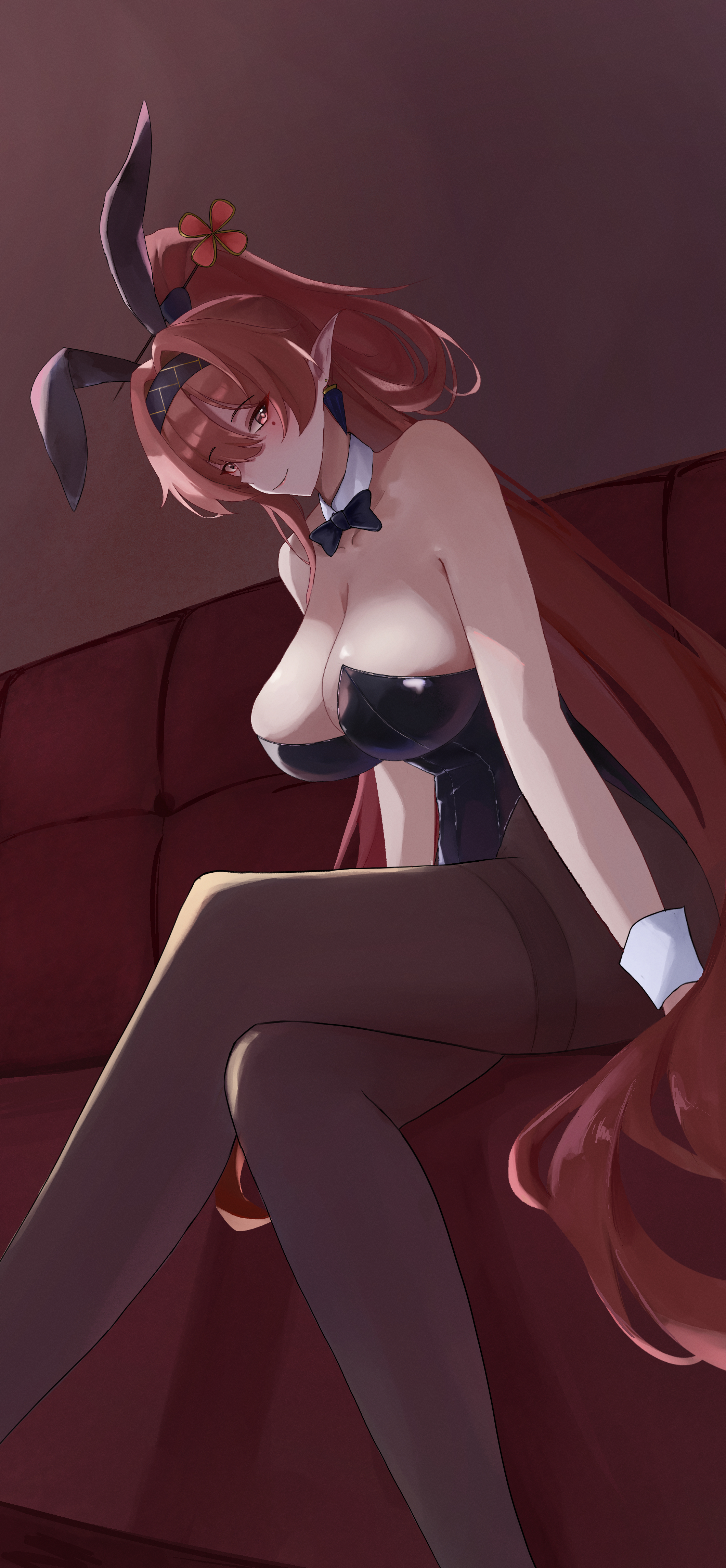 juna (user zhur2554), yinlin (wuthering waves), wuthering waves, absurdres, commentary, english commentary, highres, 1girl, alternate costume, animal ears, bare shoulders, black bow, black bowtie, black leotard, bow, bowtie, breasts, circle facial mark, cleavage, closed mouth, collar, collarbone, detached collar, earrings, fake animal ears, feet out of frame, hair between eyes, hair ornament, hair stick, jewelry, large breasts, leotard, long hair, looking at viewer, mark under both eyes, pantyhose, playboy bunny, pointy ears, rabbit ears, red eyes, red hair, sitting, smile, solo, strapless, strapless leotard, thighband pantyhose, very long hair, white collar