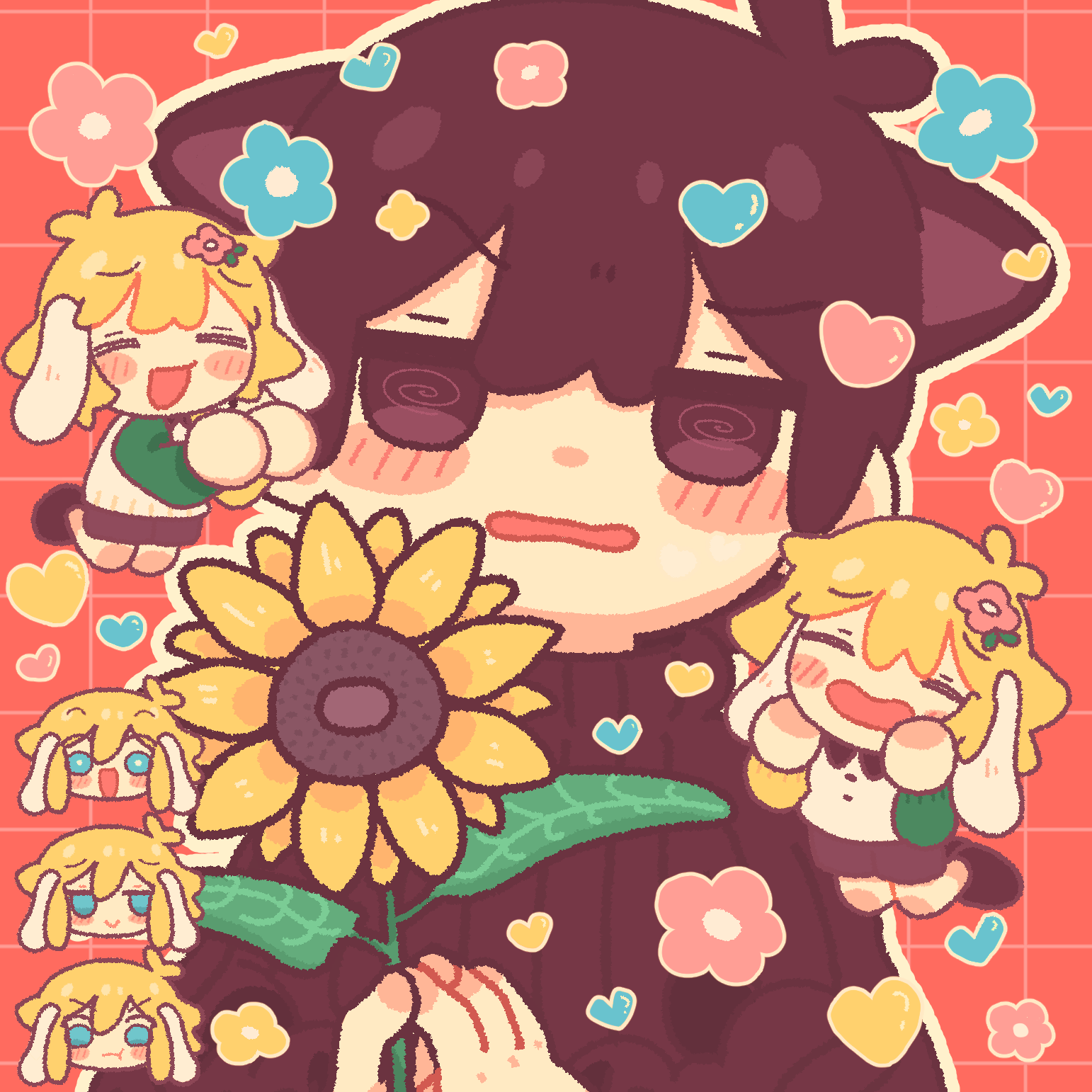 hishimatope, basil (faraway) (omori), basil (omori), sunny (omori), omori, highres, 2boys, @ @, alternate costume, animal ears, antenna hair, black eyes, black hair, blonde hair, blue eyes, blush, brown shorts, cat boy, cat ears, closed eyes, flower, holding, holding flower, kemonomimi mode, looking at viewer, male focus, multiple boys, open mouth, rabbit boy, rabbit ears, short hair, shorts, sunflower