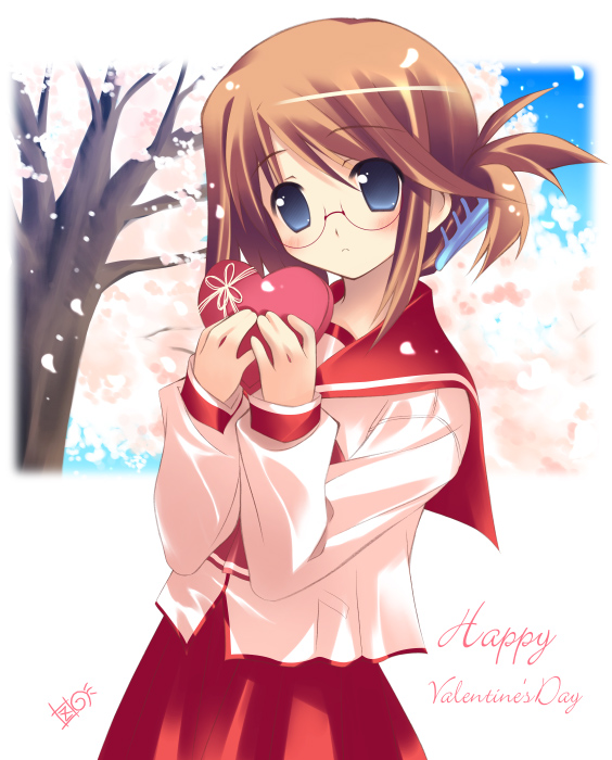 komaki manaka, to heart (series), to heart 2, 00s, 1girl, blue eyes, blush, female focus, folded ponytail, gift, glasses, happy valentine, holding, holding gift, outside border, school uniform, serafuku, short hair, solo, valentine