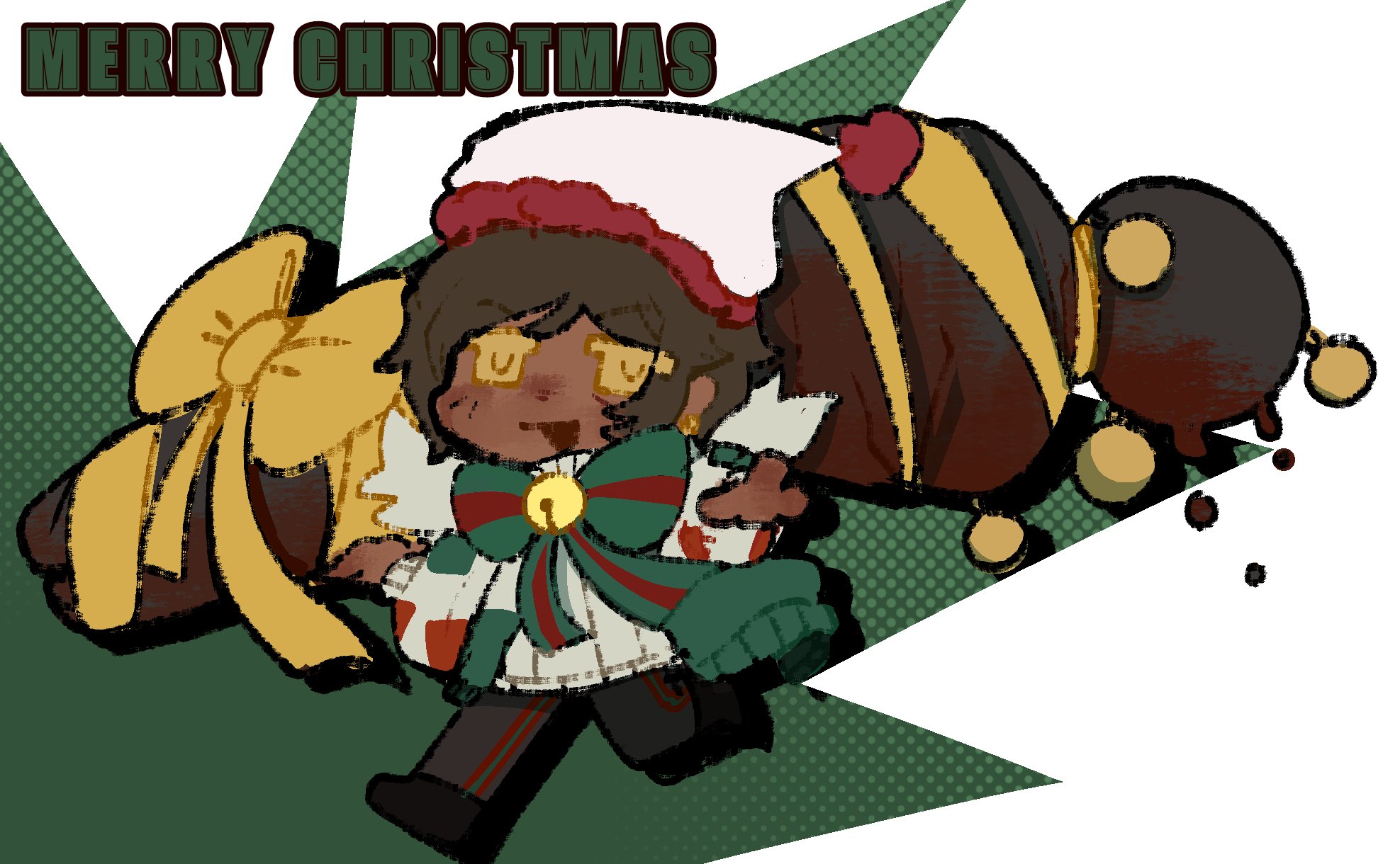 boun578, outis (project moon), limbus company, project moon, highres, 1girl, black pants, black shoes, body bag, bow, bowtie, brown hair, chibi, dark-skinned female, dark skin, e.g.o (project moon), full body, fur trim, green bow, green bowtie, hat, holding, holding sack, holiday (e.g.o), long sleeves, looking at viewer, merry christmas, open mouth, pants, sack, santa hat, shoes, short hair, simple background, solo, standing, sweater, white background, white hat, white sweater, yellow eyes