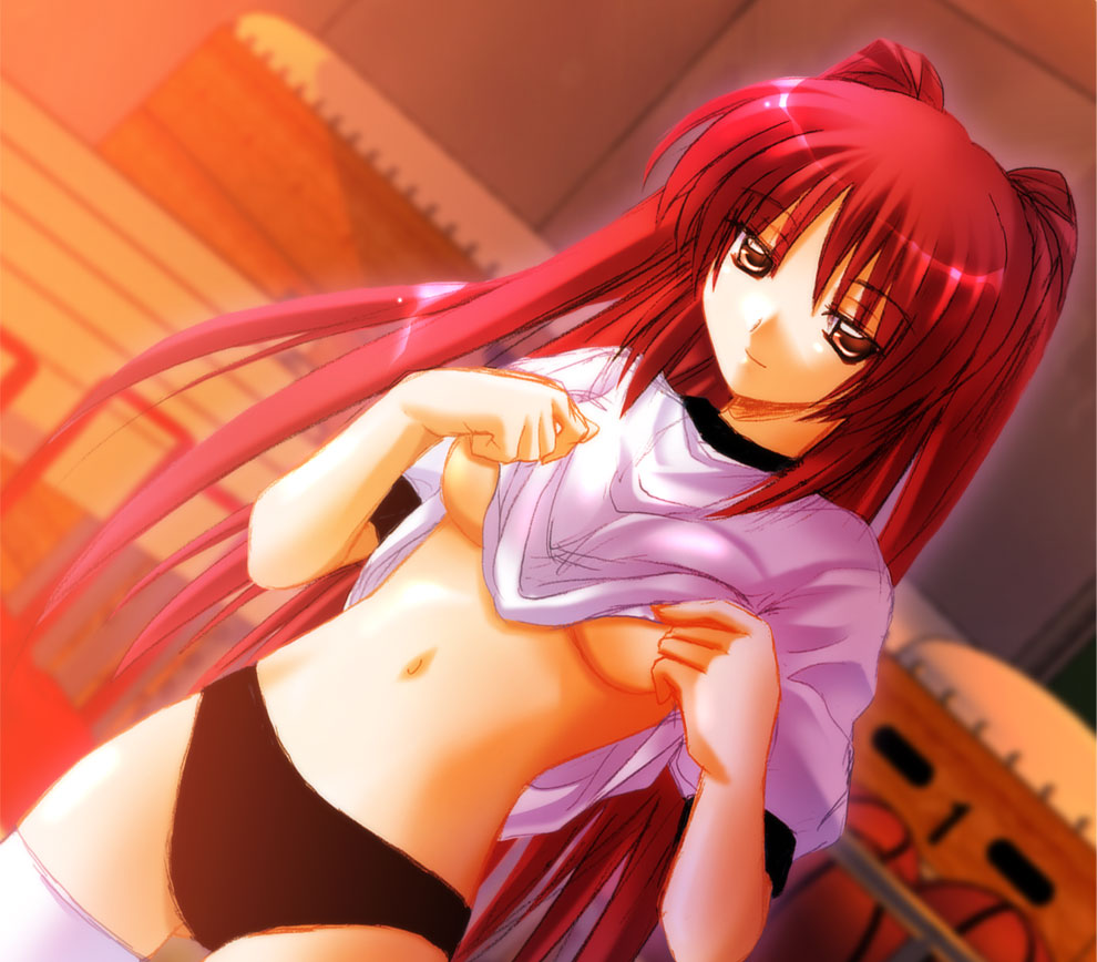 otoki raku, kousaka tamaki, to heart (series), to heart 2, 00s, 1girl, breasts, brown eyes, buruma, clothes lift, dutch angle, female focus, gym storeroom, gym uniform, indoors, long hair, red hair, shirt lift, solo, thighhighs, underboob, undressing, vaulting horse