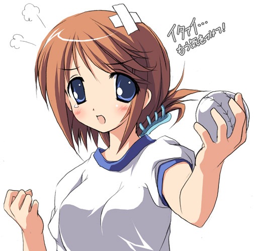 kantoku, komaki manaka, to heart (series), to heart 2, fume, 00s, 1girl, angry, ball, bandaid, baseball, baseball (object), blue eyes, brown hair, female focus, folded ponytail, gym uniform, holding, simple background, solo, tears, upper body, white background