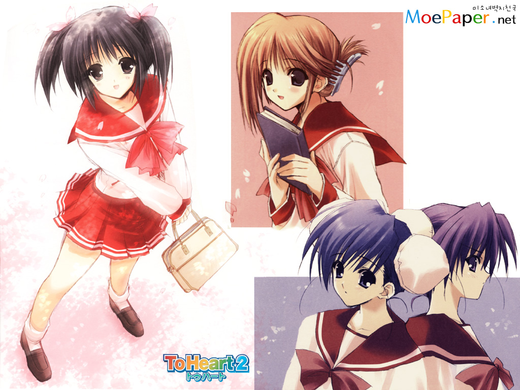 suzuhira hiro, himeyuri ruri, himeyuri sango, komaki manaka, yuzuhara konomi, to heart (series), to heart 2, 00s, 4girls, bun cover, double bun, folded ponytail, hair bun, multiple girls, petals, pleated skirt, school uniform, serafuku, skirt