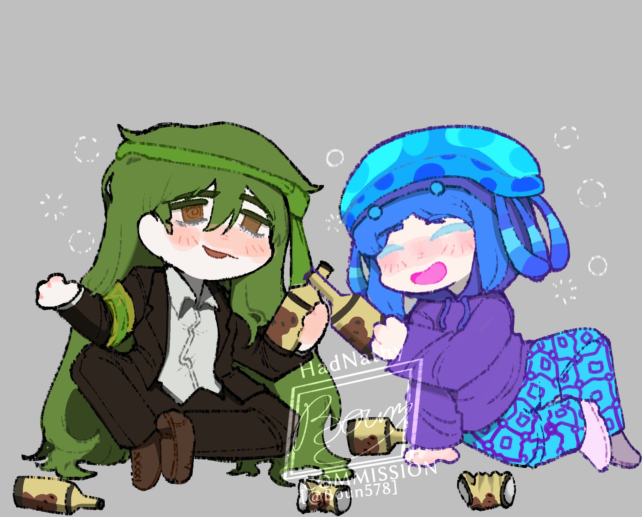 boun578, netzach (project moon), lobotomy corporation, project moon, highres, 1boy, 1girl, beer bottle, black jacket, black pants, blue hair, blue pants, brown eyes, brown shoes, chibi, collared shirt, drunk, full body, green hair, green necktie, grey background, hood, hoodie, jacket, jellyfish girl, long hair, long sleeves, looking at another, necktie, necktie on head, pants, pink shoes, purple hoodie, shirt, shoes, simple background, sitting, white shirt
