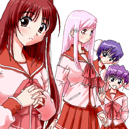 himeyuri ruri, himeyuri sango, kousaka tamaki, lucy maria misora, to heart (series), to heart 2, lowres, 00s, 4girls, :d, blue eyes, blush, bow, bowtie, brown hair, bun cover, collared shirt, cowboy shot, double bun, hair bun, looking at viewer, multiple girls, open mouth, pink hair, pleated skirt, purple eyes, red eyes, sailor collar, school uniform, shirt, simple background, skirt, smile, standing, white background