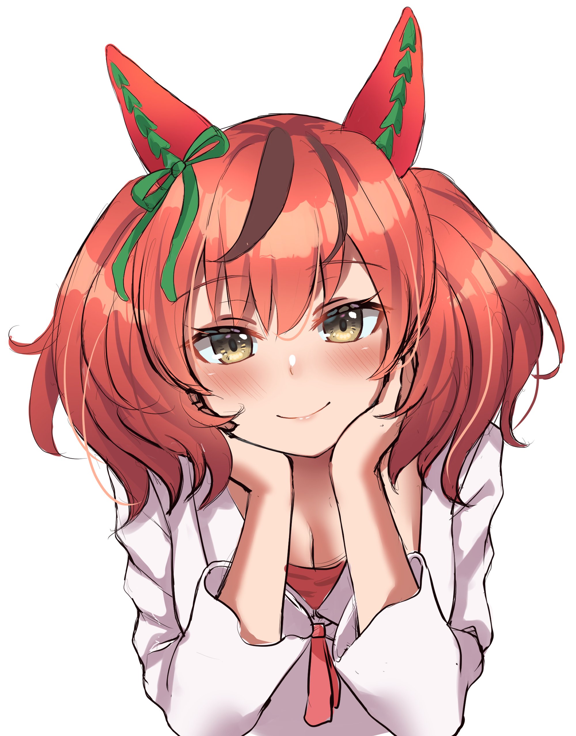 buwad, nice nature (umamusume), umamusume, absurdres, commentary, highres, 1girl, animal ears, blush, bow, breasts, brown hair, cleavage, closed mouth, ear ribbon, green ribbon, hair between eyes, horse ears, jacket, long sleeves, looking at viewer, multicolored hair, red hair, red shirt, ribbon, shirt, simple background, small breasts, smile, solo, streaked hair, twintails, upper body, white background, white jacket