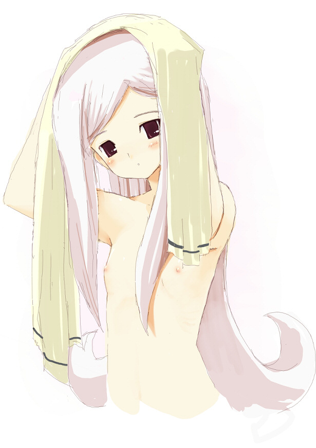 fujishiro touma, lucy maria misora, to heart (series), to heart 2, 00s, 1girl, armpits, arms up, blush, female focus, flat chest, long hair, nipples, pink eyes, solo, topless female, topless frame, upper body, very long hair, white hair