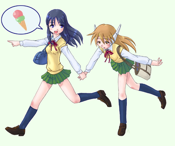 kurusugawa ayaka, serio (to heart), to heart, to heart (series), 2girls, bad anatomy, bag, brown hair, food, holding hands, ice cream, ice cream cone, kneehighs, long hair, multiple girls, pleated skirt, pointing, poorly drawn, purple eyes, robot ears, running, school bag, school uniform, serafuku, simple background, skirt, socks, speech bubble, spoken object, sweater vest, tripping