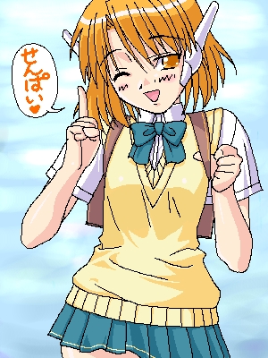 serio (to heart), to heart, to heart (series), lowres, 1girl, arm up, backpack, bag, blush, bow, collared shirt, female focus, green bow, green skirt, holding, japanese text, one eye closed, open mouth, orange eyes, orange hair, pixel art, pleated skirt, pointing, pointing up, robot ears, school uniform, shirt, short sleeves, skirt, solo, standing, sweater vest, talking, text focus, white shirt, wink, yellow shirt