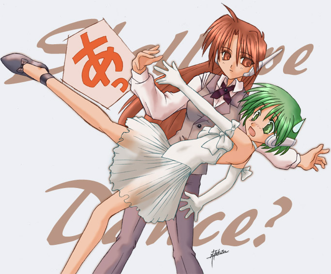 multi (to heart), serio (to heart), to heart, to heart (series), 2girls, anklet, covered navel, dancing, dress, formal clothes, gloves, green eyes, green hair, jewelry, long sleeves, multiple girls, orange eyes, orange hair, pants, robot ears, see-through clothes, sleeveless, sleeveless dress, suit, white dress, white gloves