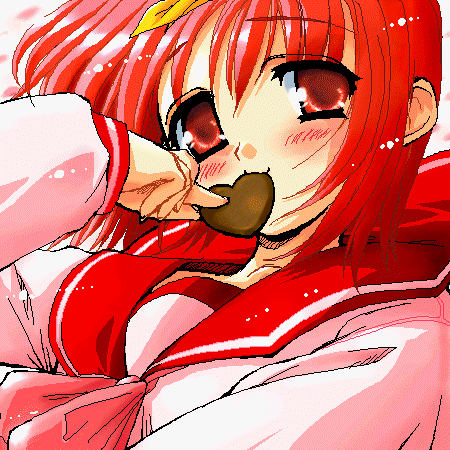 kamigishi akari, to heart, to heart (series), lowres, 1girl, candy, chocolate, chocolate heart, female focus, food, heart, mouth hold, oekaki, red eyes, red hair, school uniform, serafuku, short hair, solo