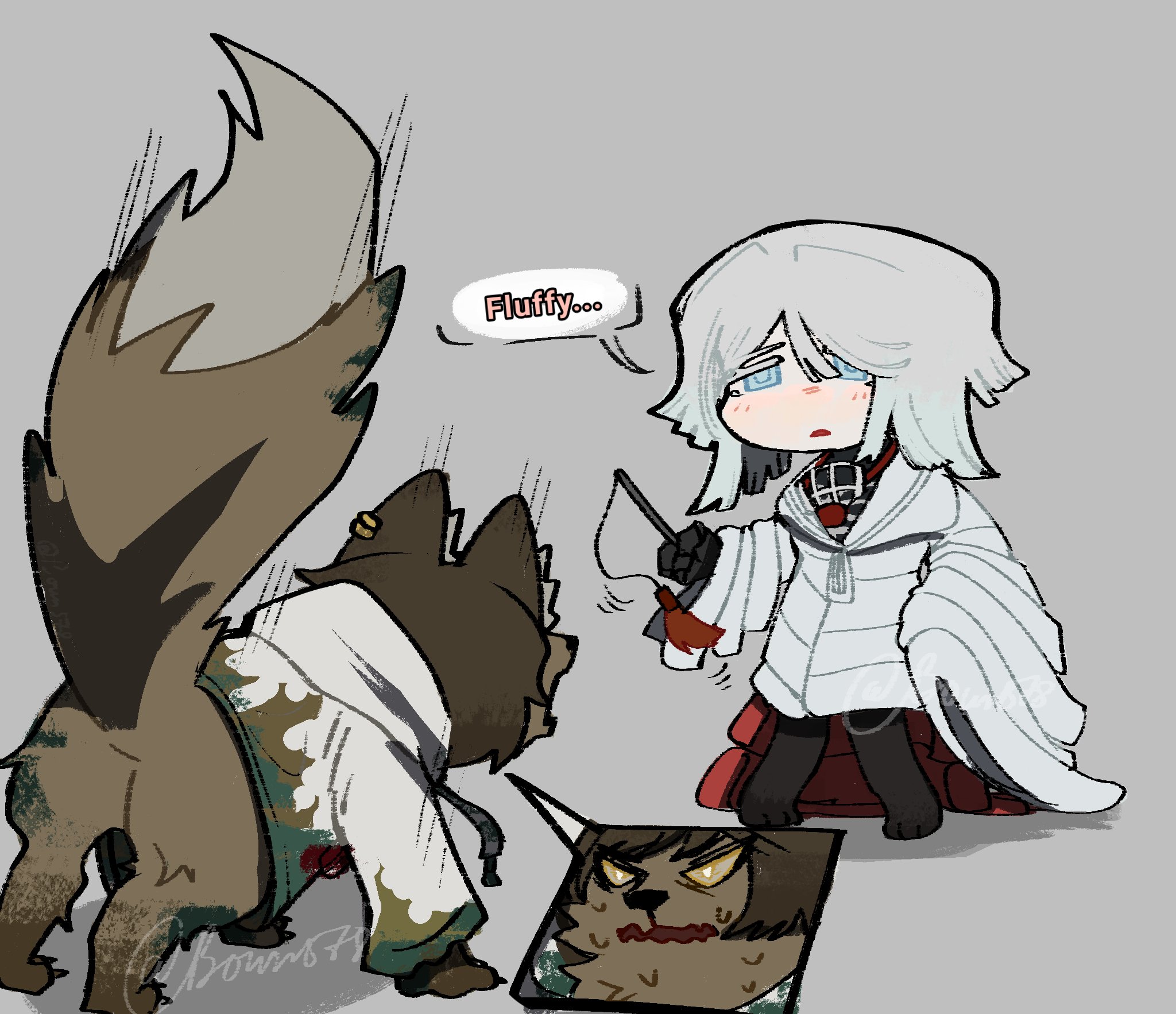 boun578, faust (project moon), outis (project moon), limbus company, project moon, highres, 2girls, blue eyes, brown hair, chibi, coat, colored sclera, e.g.o (project moon), fox, full body, grey background, looking at another, mask, multiple girls, raincoat, respirator, short hair, simple background, skeleton print, standing, sunshower (e.g.o), thoracalgia (e.g.o), white coat, white hair, white raincoat, yellow sclera
