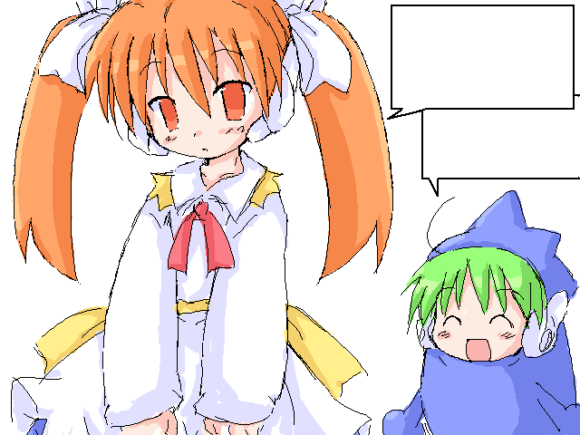 multi (to heart), sakura (ukagaka), serio (to heart), unyuu, to heart, to heart (series), ukagaka, 2girls, blank speech bubble, blush, bow, cosplay, green hair, hair bow, hair ribbon, kigurumi, multiple girls, oekaki, open mouth, orange eyes, orange hair, ribbon, robot ears, sakura (ukagaka) (cosplay), simple background, smile, speech bubble, twintails, unyuu (cosplay), white background