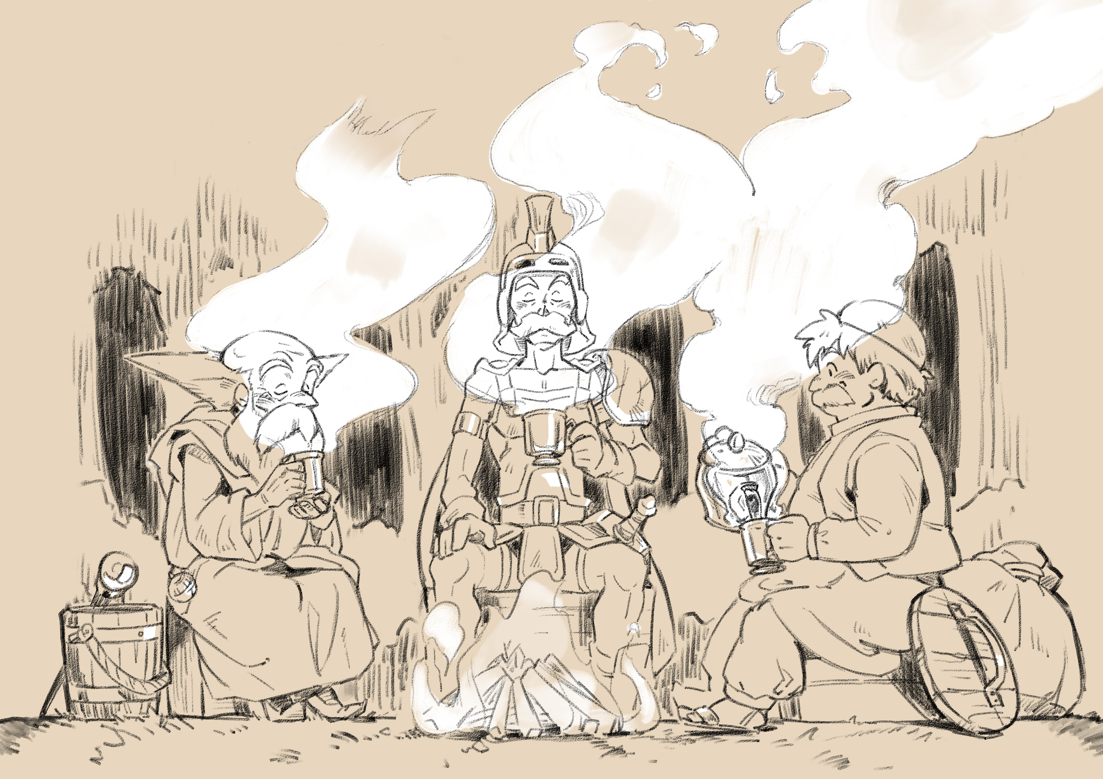 wakana 0125, brey, ryan (dq4), torneko, dragon quest, dragon quest iv, absurdres, highres, 3boys, armor, balding, beard, breastplate, bucket, campfire, cape, closed eyes, cup, facial hair, full body, hand on own knee, helmet, holding, holding cup, holding teapot, male focus, multiple boys, mustache, old, old man, pauldrons, plume, pouring, robe, sack, shield, short hair, shoulder armor, single pauldron, sitting, steam, sword, teapot, vest, weapon