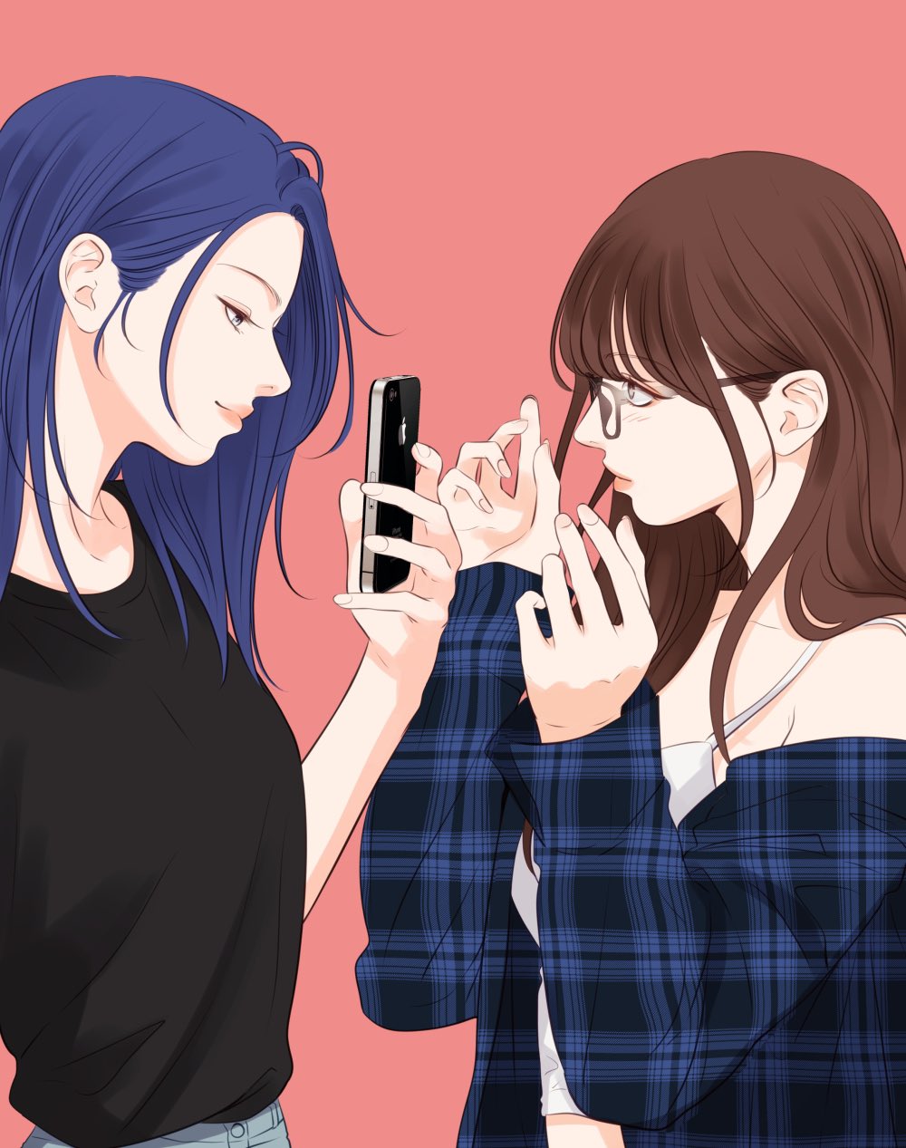 commentary request, highres, korean commentary, 2girls, black-framed eyewear, black shirt, blue shirt, brown hair, camisole, cellphone, closed mouth, eyelashes, fingernails, forehead, glasses, hair behind ear, hair over shoulder, hand up, hands up, holding, holding phone, long hair, looking at another, looking at phone, looking at viewer, multiple girls, off shoulder, open clothes, open shirt, phone, pink background, purple hair, red lips, shirt, show me your bust, simple background, smartphone, t-shirt, taking picture, team gaji, upper body, white camisole, wispy bangs