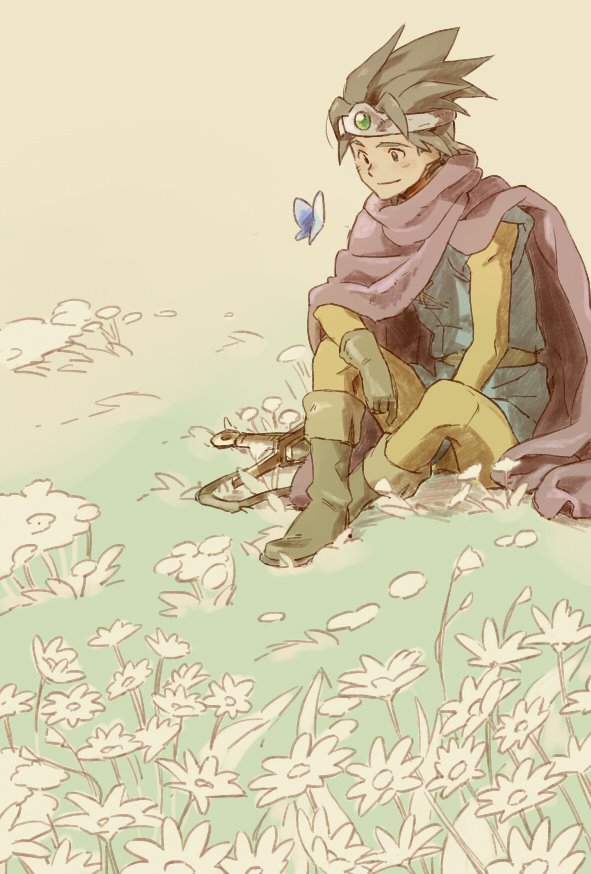 wakana 0125, hero (dq3), dragon quest, dragon quest iii, 1boy, black hair, blue butterfly, blue tunic, bodysuit, boots, bug, butterfly, circlet, cloak, field, flower, flower field, full body, gem, gloves, green gemstone, grey boots, grey gloves, insect, light blush, light smile, male focus, outdoors, purple cloak, short hair, sitting, solo, spiked hair, sword, tunic, weapon, yellow bodysuit