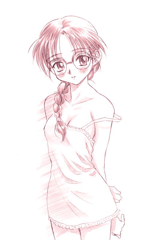 goto p, hoshina tomoko, to heart, to heart (series), 1girl, braid, breasts, chemise, cleavage, cowboy shot, female focus, glasses, monochrome, red theme, simple background, single braid, solo, strap slip, white background