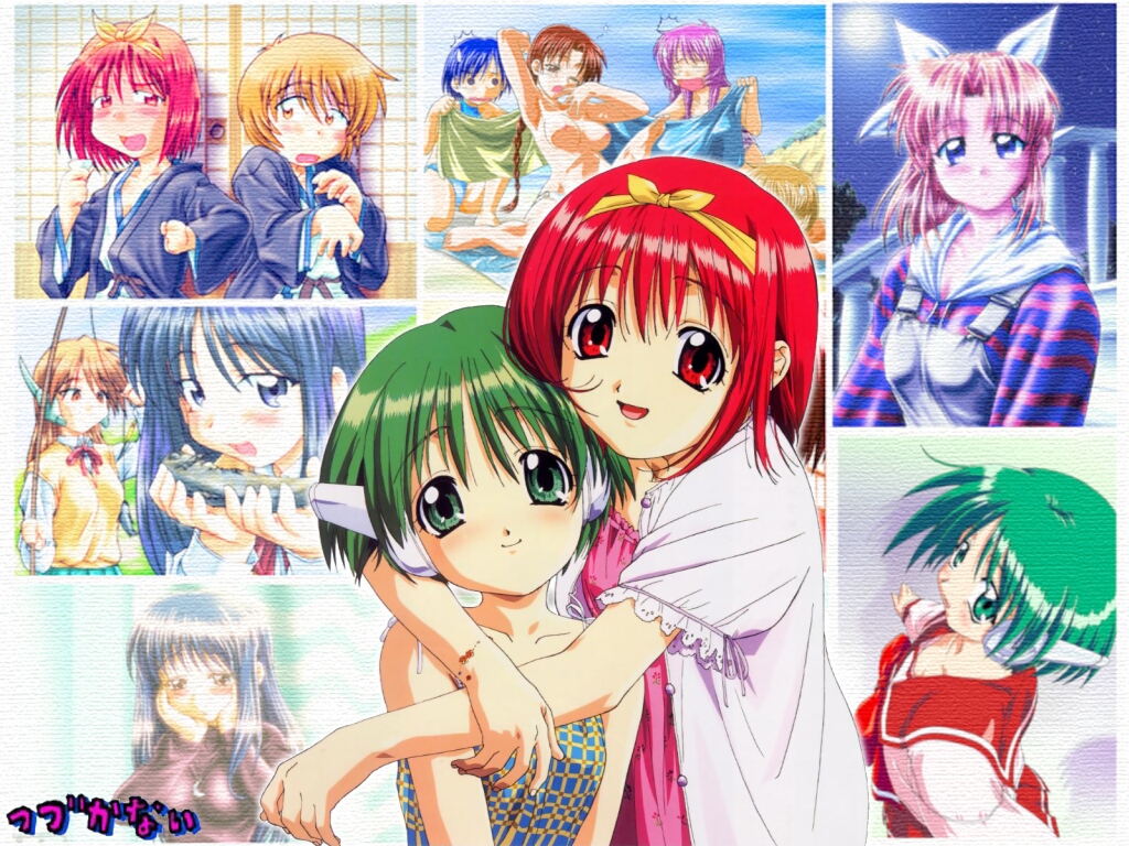 himekawa kotone, hoshina tomoko, kamigishi akari, kurusugawa ayaka, kurusugawa serika, matsubara aoi, miyauchi lemmy, multi (to heart), nagaoka shiho, serio (to heart), to heart, to heart (series), 6+girls, apron, blonde hair, blue eyes, blush, bow, chemise, collarbone, fish, fishing rod, green eyes, green hair, hairband, headgear, hug, indoors, looking at viewer, multiple girls, nipples, outdoors, pink hair, robot ears, rod, shirt, short hair, sliding doors, striped clothes, striped shirt, sweater, yellow bow
