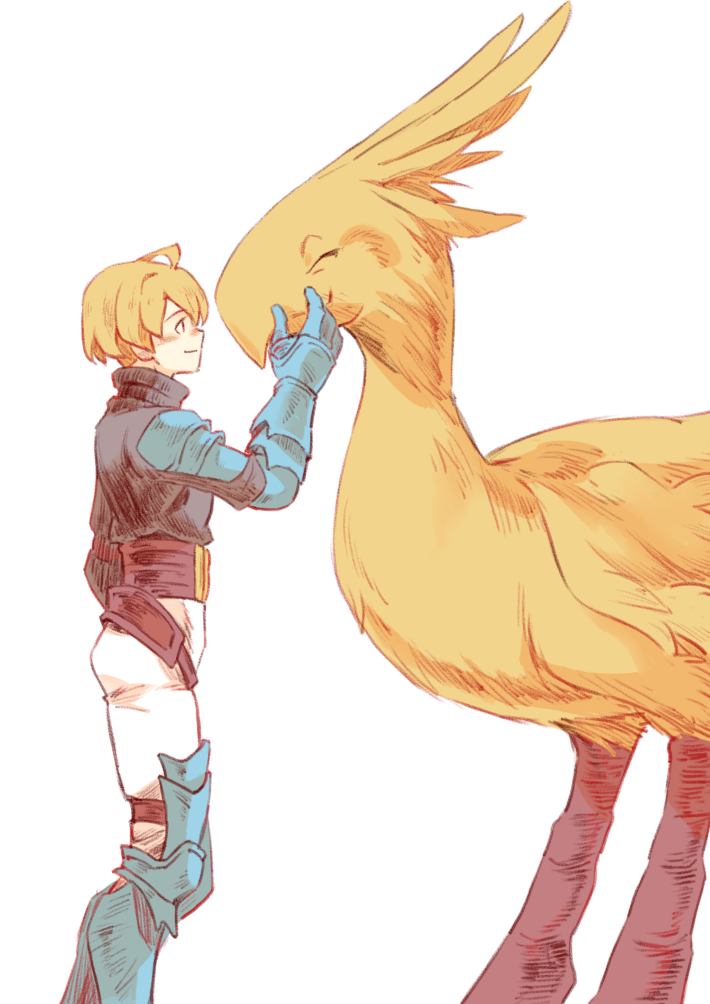 wakana 0125, ramza beoulve, final fantasy, final fantasy tactics, absurdres, highres, 1boy, ahoge, armor, armored boots, armored gloves, belt, bird, black shirt, blonde hair, blue armor, blush, boots, brown belt, closed eyes, feet out of frame, hair between eyes, leather armor, looking at another, male focus, pants, petting, shirt, short hair, smile, standing, white background, white pants