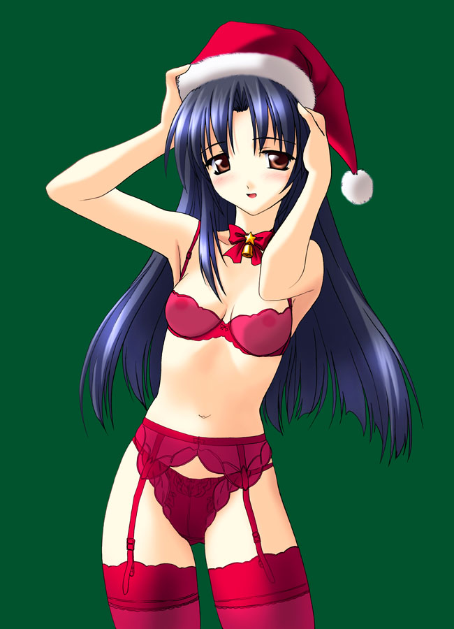 norizou type-r, kashiwagi chizuru, kizuato, to heart, to heart (series), 1girl, bell, blue hair, blush, bra, brown eyes, choker, christmas, collar, female focus, frilled panties, frills, garter belt, hat, lingerie, long hair, navel, neck bell, nipples, panties, red bra, red panties, red thighhighs, santa costume, santa hat, see-through clothes, simple background, solo, standing, thighhighs, underwear, underwear only