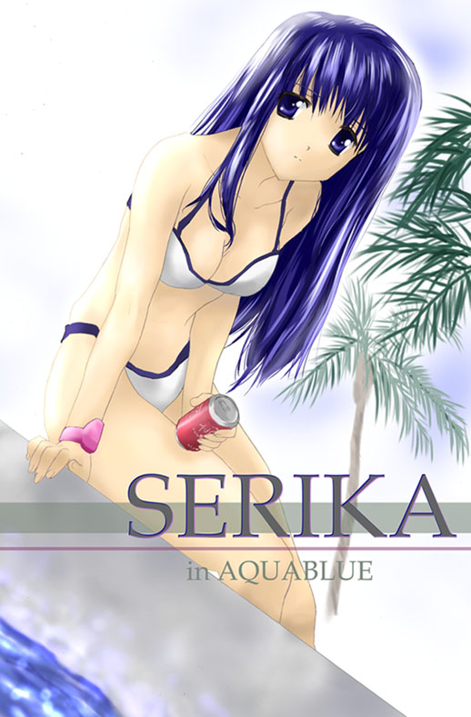 kurusugawa serika, to heart, to heart (series), 1girl, bikini, blue eyes, blue hair, breasts, can, character name, cleavage, dutch angle, female focus, long hair, matching hair/eyes, medium breasts, palm tree, purple eyes, purple hair, sitting, solo, swimsuit, tree, water, white bikini