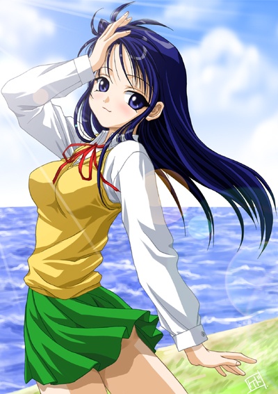 kurusugawa ayaka, to heart, to heart (series), 1girl, blue eyes, blue hair, cloud, day, female focus, grass, long hair, matching hair/eyes, ocean, outdoors, skirt, sky, smile, solo