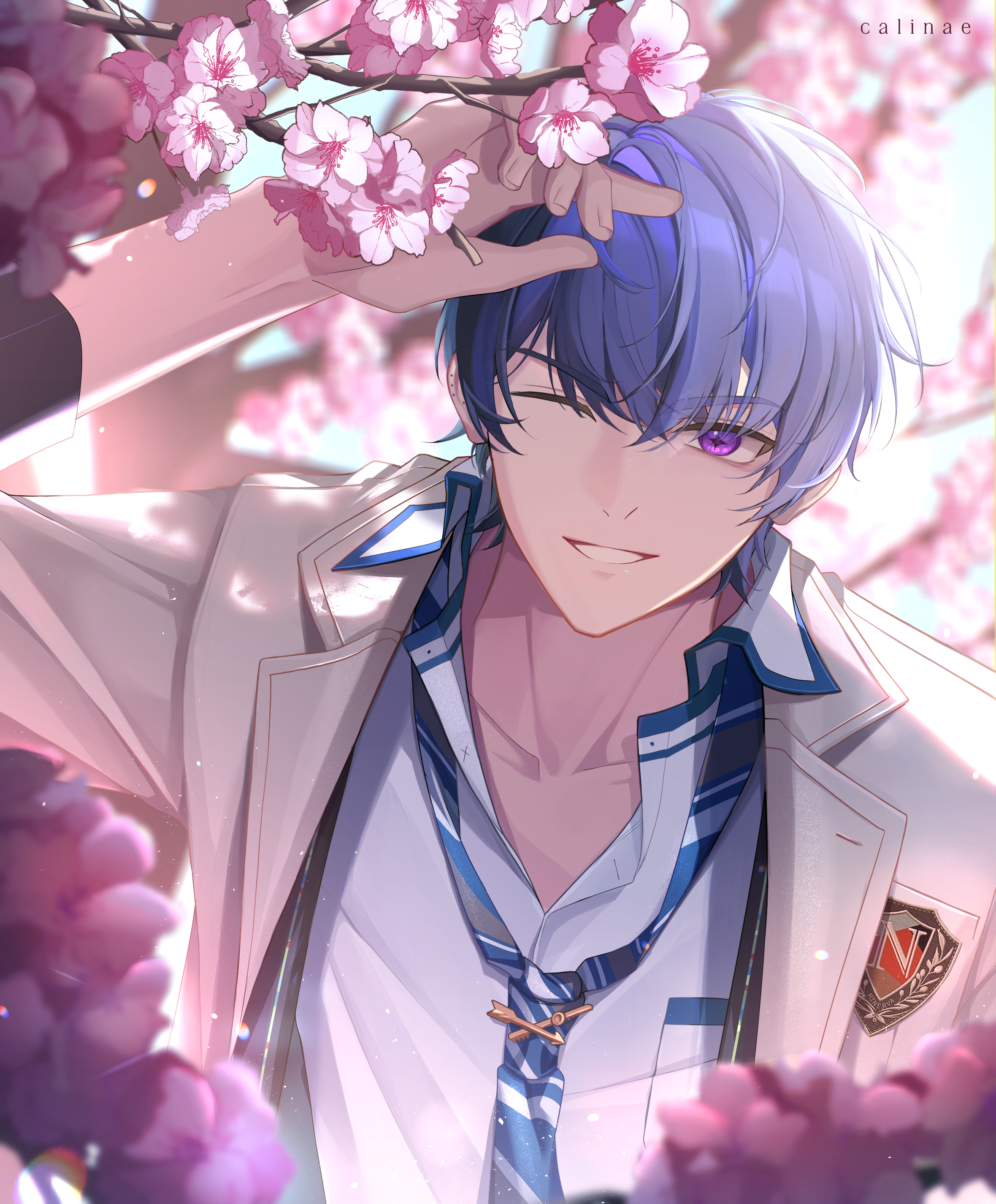 calinae, marius von hagen (tears of themis), tears of themis, absurdres, commentary request, highres, 1girl, arm up, artist name, blue hair, blurry, blurry background, blurry foreground, branch, brown jacket, cherry blossoms, collarbone, collared shirt, day, depth of field, diagonal-striped clothes, diagonal-striped necktie, dress shirt, flower, jacket, looking at viewer, necktie, one eye closed, open clothes, open jacket, outdoors, pink flower, purple eyes, shirt, smile, solo, striped clothes, thick eyebrows, upper body, v-shaped eyebrows, white shirt