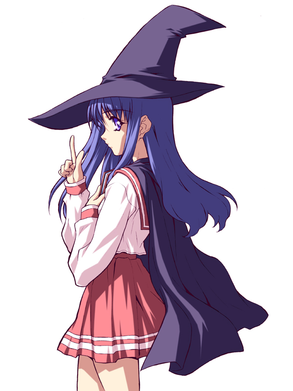 kurusugawa serika, to heart, to heart (series), 1girl, blue hair, cape, female focus, hat, long hair, purple eyes, school uniform, serafuku, solo, witch hat