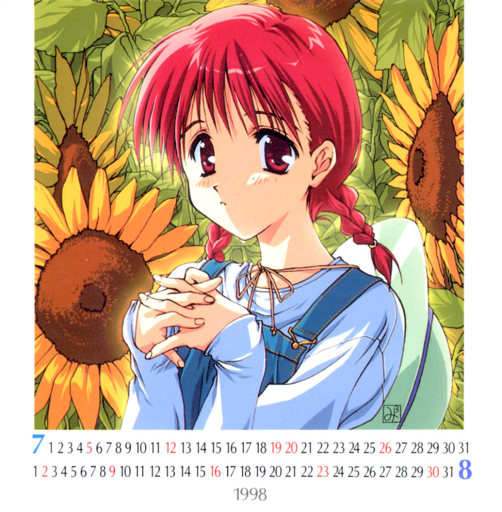 kamigishi akari, to heart, to heart (series), 1girl, august, braid, calendar, female focus, flower, july, long hair, overalls, own hands together, red eyes, red hair, retro artstyle, solo, sunflower, twin braids, twintails